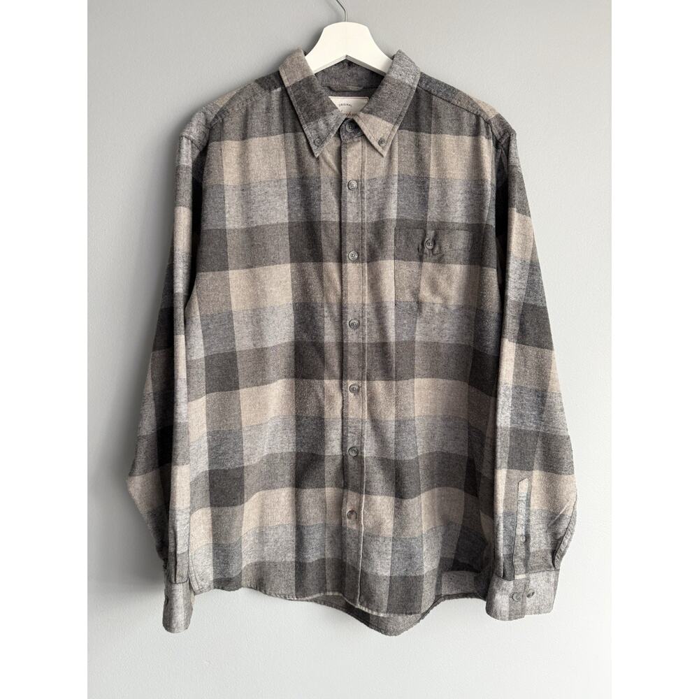 Weatherproof Vintage Plaid Flannel Shirt Mens Large Gray Beige 90s Style Casual